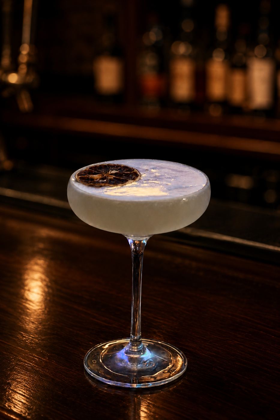 A cocktail with a dried citrus garnish on the bar
